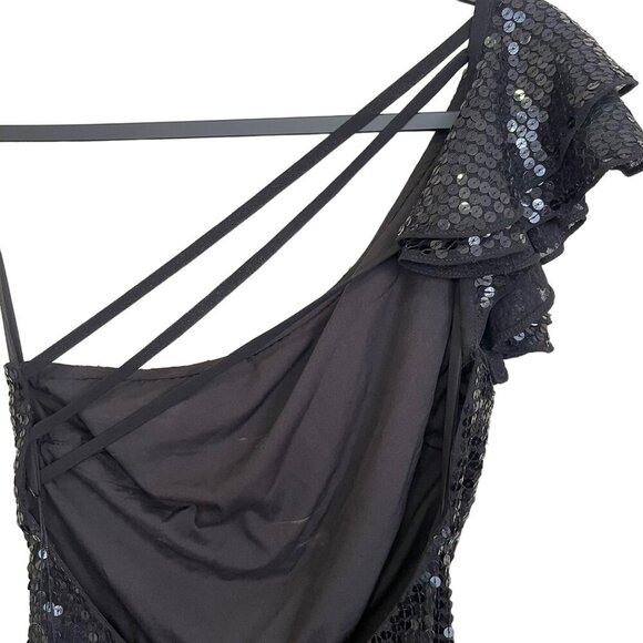 Mac Duggal Black Sequins One Shoulder Strap Open Back Ruffle Maxi Dress NWT - Picture 5 of 6